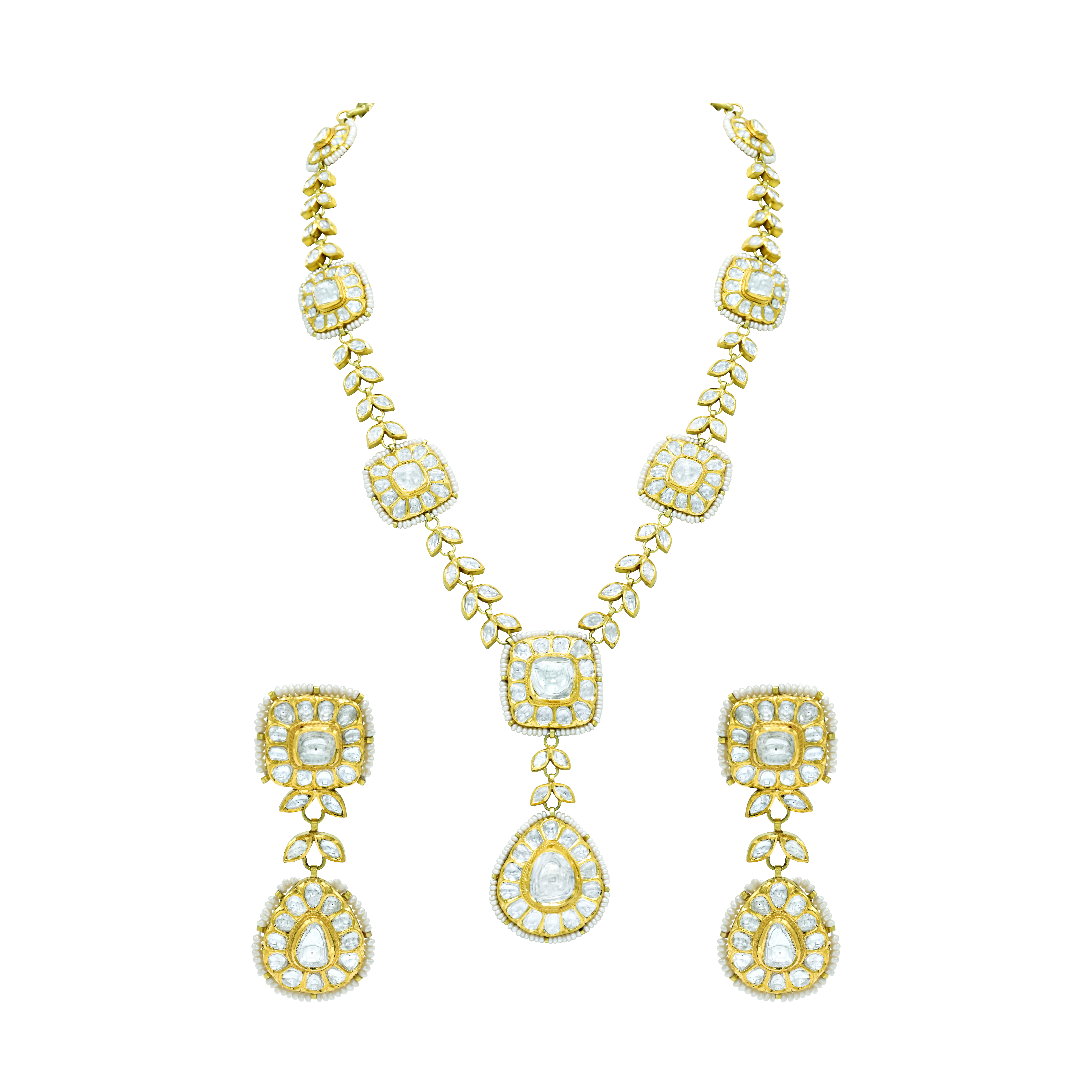 Polki Square Necklace Set with Polki Leaves and Pear Drop